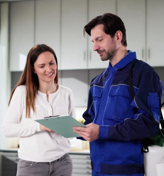 Technician reviewing clipboard with customer